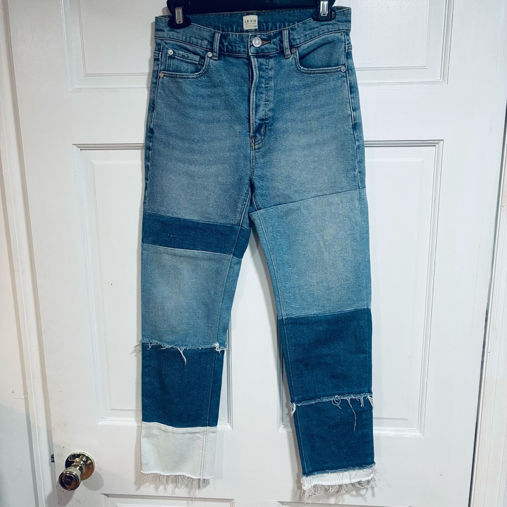 La vie Rebecca‎ Tylor Patchwork Jeans Women Size 25 Straight Leg Hight Waist